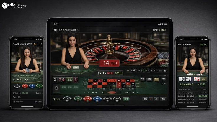Three front-facing mobile screens showing live blackjack, roulette, and baccarat with clean betting overlays and real dealer video.