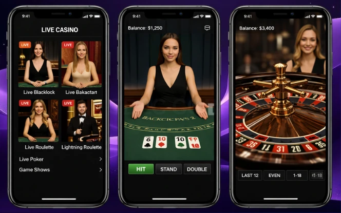 Real Dealers and Physical Gameplay Three screens showing real dealers handling cards and roulette in a studio, with clear table views and minimal UI overlays.