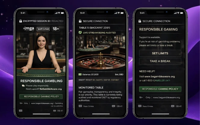 Regulatory Oversight Three screens showing license badges, audit markers, responsible gaming tools, and time-stamped round records in a regulated interface.