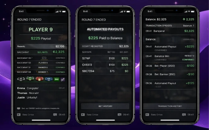 Game Completion and Payouts Three screens showing confirmed results, settled bets, updated balance, and transaction history after a live dealer round.