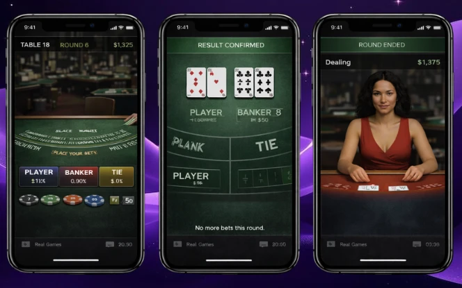 Studio Environment and Dealer Operations Three screens showing live studio table angles, overhead layout view, and dealer-focused view with consistent lighting and clear zones.