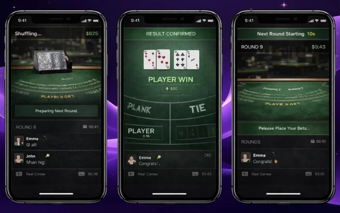 Dealer Responsibilities Three screens showing dealer shuffling, announcing results, and progressing rounds with stable UI, timestamps, and round status.
