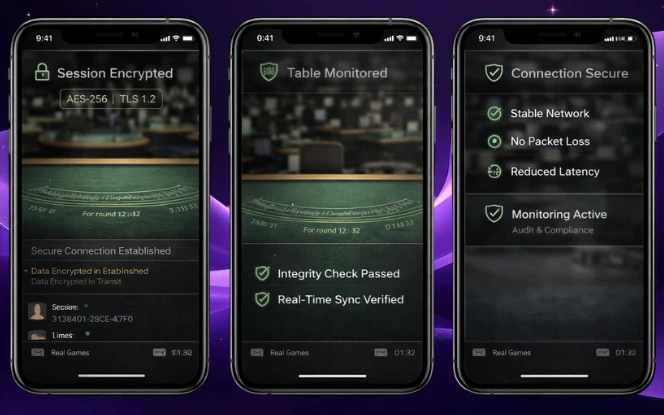 Security Measures Three screens showing encrypted session status, monitoring cues, and secure table views with minimal icons and clear typography.