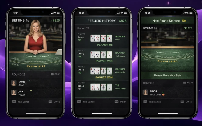 Player Trust and Experience Three screens showing consistent dealer video, clear timers, accessible history, and steady streaming that supports transparent gameplay.