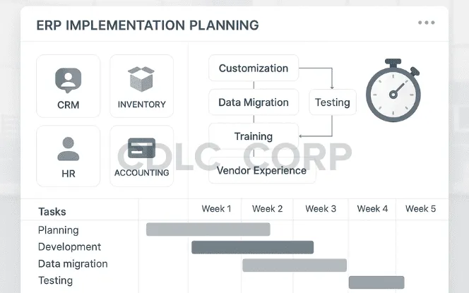 Factors Affecting Odoo Implementation Time Odoo dashboard visualizing factors like customization, data migration, user count, and integrations affecting ERP implementation time.