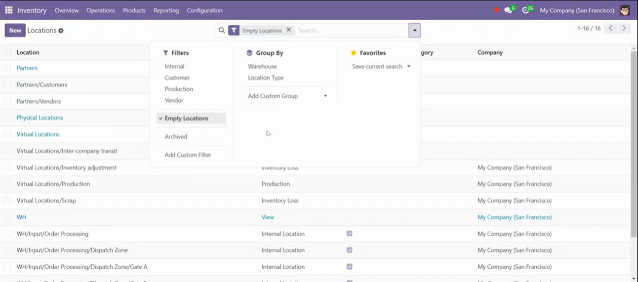 How to manage empty location in odoo 18 Inventory