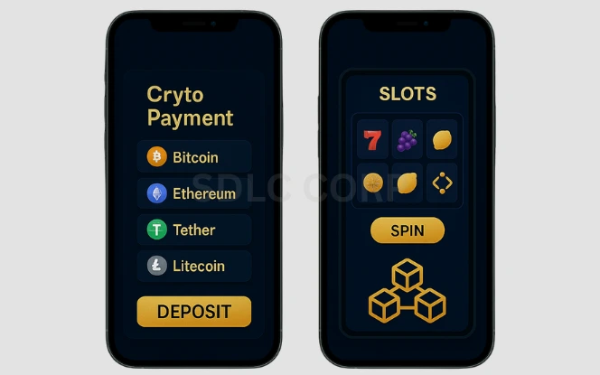 Illustration showing mobile technology and cryptocurrency trends in online gaming, featuring smartphones, blockchain, and digital currencies