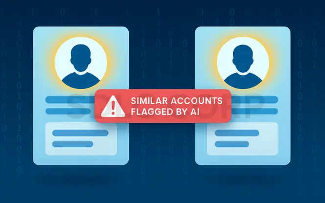 Two user profiles with matching data highlighted and a red warning banner reading ‘Similar Accounts Flagged by AI’, illustrating duplicate detection in fraud prevention.
