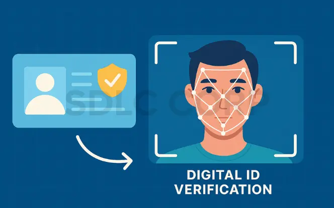 Digital verification process featuring a facial recognition grid over a person’s face and an ID card with a security shield, illustrating AI-powered KYC in online gambling.
