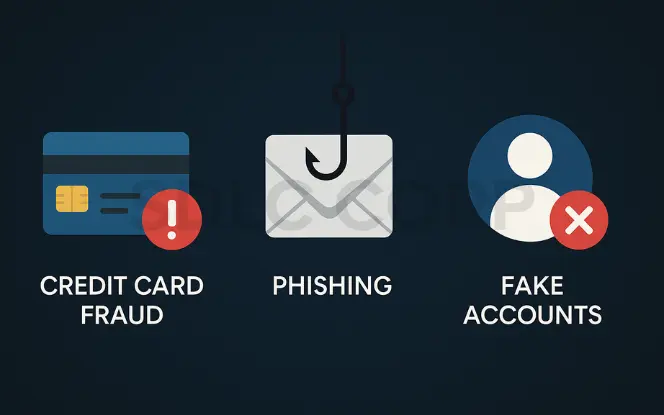 Minimalist icon set showing credit card fraud, phishing, and fake accounts, each with bold alert symbols on a dark cyber background.
