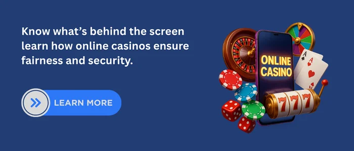Smartphone with casino elements like roulette, cards, and slot machine illustrating online casino fairness and security.
