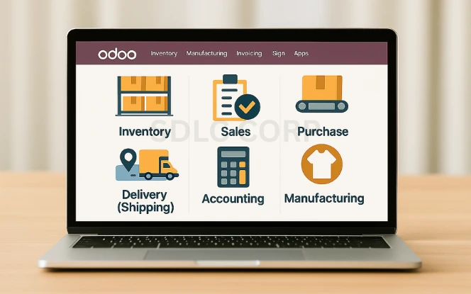 Key Odoo Modules for Logistics Integration Odoo ERP interface showing key logistics modules like Inventory, Sales, Delivery, and Accounting