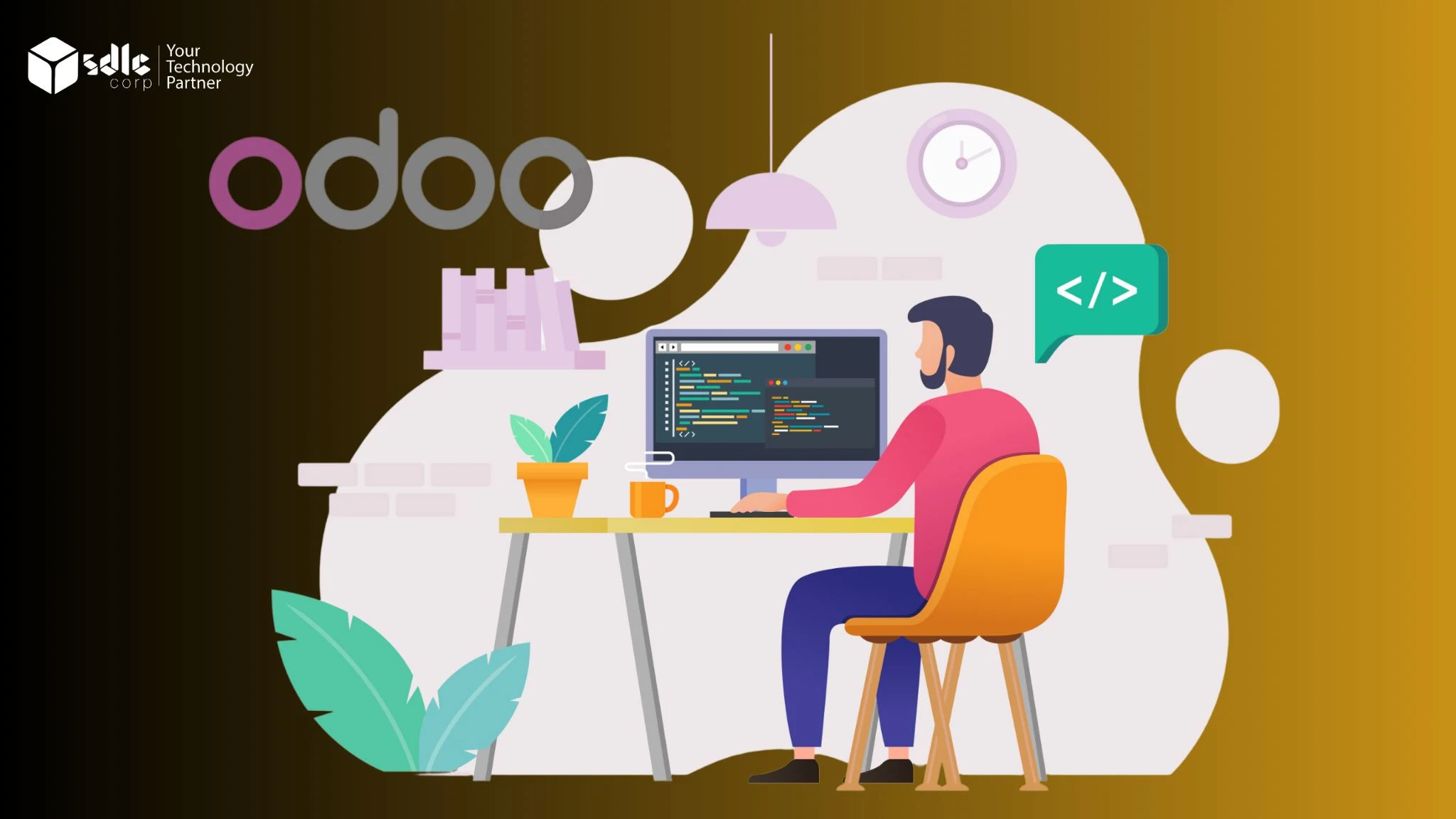 Odoo developer coding at a desk illustration.