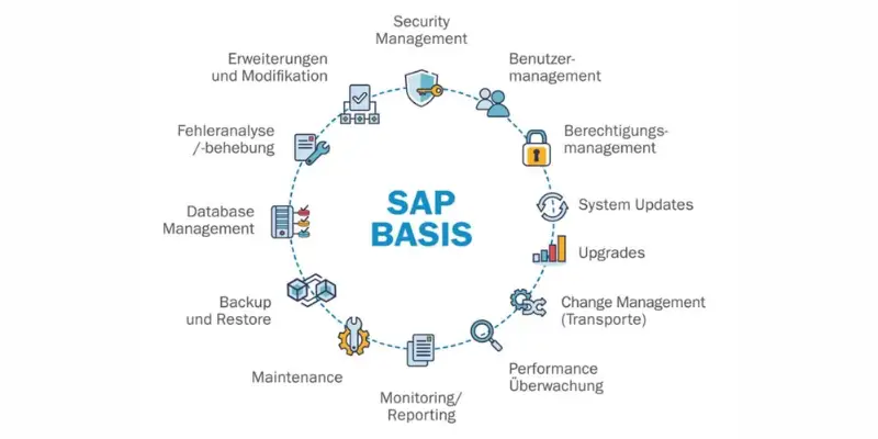 Overview of SAP ERP system with modules for finance, supply chain, and analytics – SDLC Corp.
