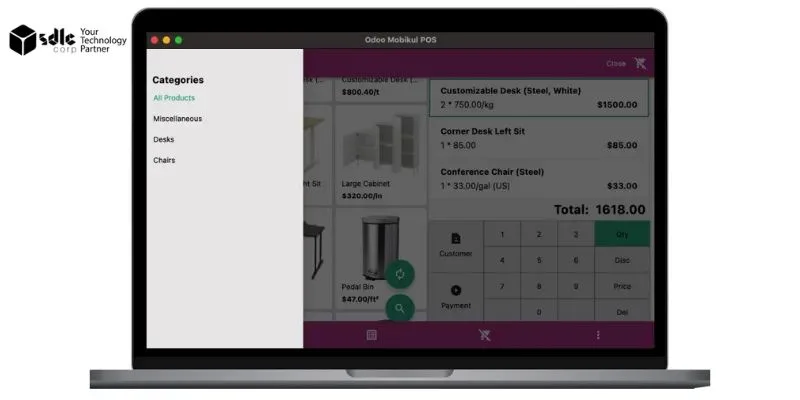 Laptop displaying the Odoo Mobikul POS interface with a categories menu and checkout total.