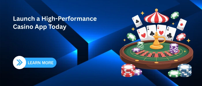Casino app promotion banner with roulette table, cards, and chips alongside a Learn More CTA.