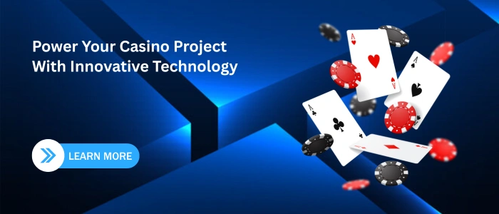 “Casino-themed banner with playing cards, chips, and a Learn More CTA promoting innovative casino technology.”