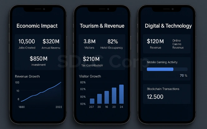 Mobile dashboards showing casino economic impact, tourism revenue growth, and digital gaming expansion metrics in a professional analytics interface.