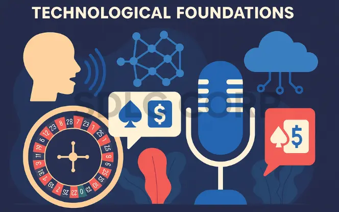 Illustration showing the technological foundations of voice-controlled casino games, featuring a roulette wheel, a large microphone, speech bubbles with betting icons, a human head emitting sound waves, neural network nodes, and a cloud computing symbol on a dark blue background.