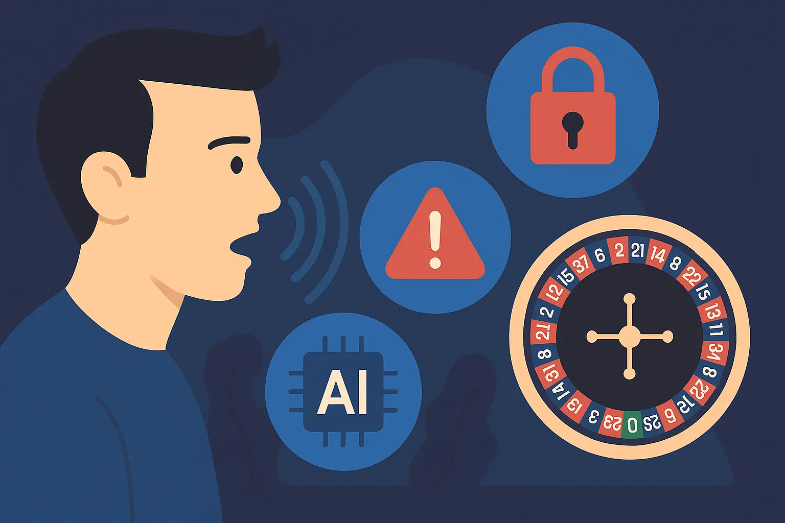 Illustration of a man using voice commands in a casino setting, facing a roulette wheel with icons for AI, a warning sign, and a padlock symbolizing strategic challenges such as privacy, security, and technical risks in voice-controlled gaming.
