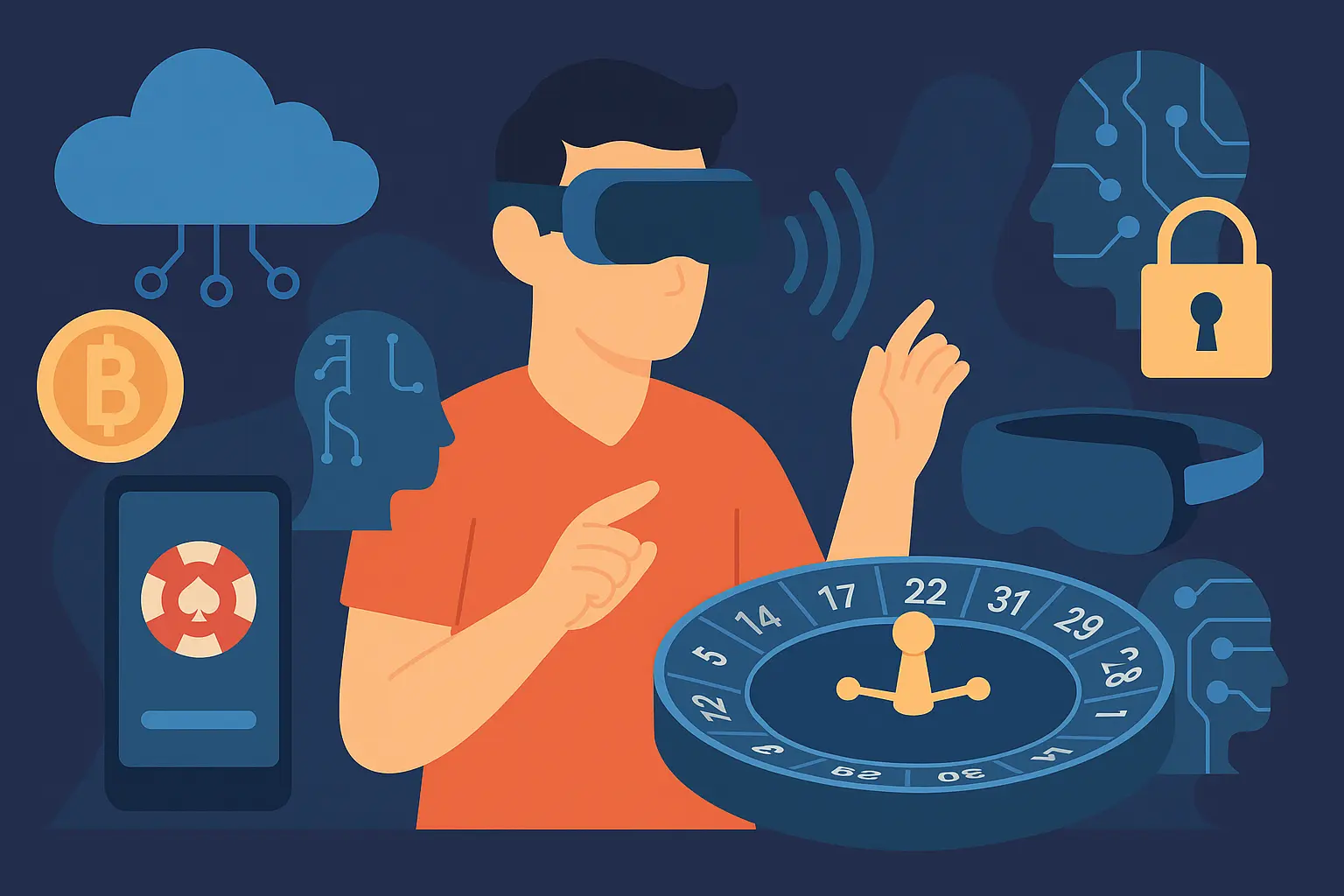 Illustration of a person wearing a VR headset and using hand gestures in a futuristic voice-controlled casino setting, surrounded by holographic icons including a roulette wheel, Bitcoin symbol, cloud storage, biometric profiles, and digital circuits representing AI integration.