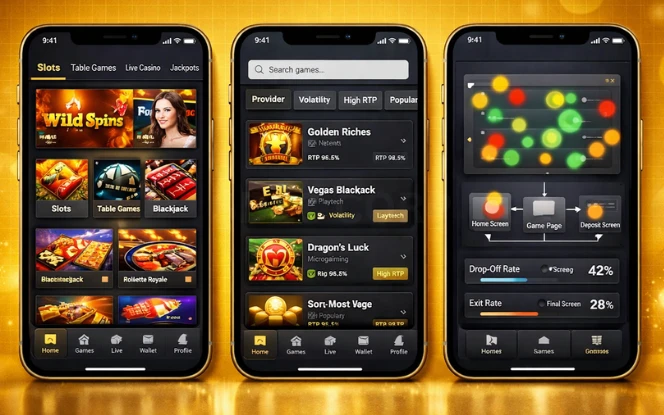 Mobile casino UI with navigation flow and user interaction analytics