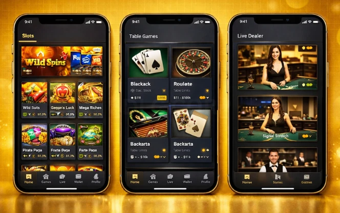 Slots, table games, and live dealer casino lobby on mobile devices