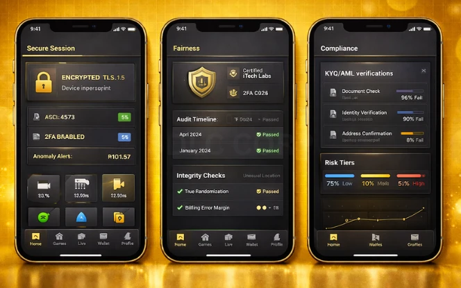 Casino security dashboard showing encryption, RNG fairness, and compliance checks