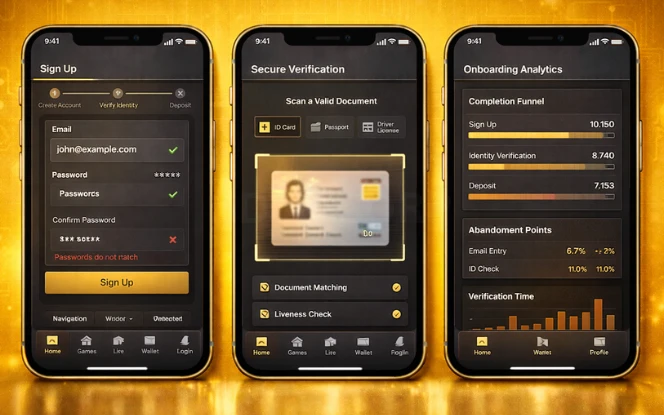 Signup flow, identity verification scan, and onboarding funnel analytics across three realistic mobile screens.