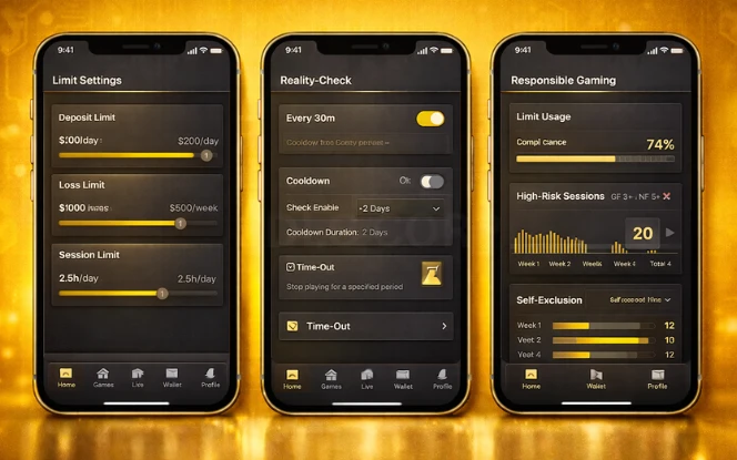 Encryption status, geolocation compliance, and responsible gaming limits with risk alerts on three phones.
