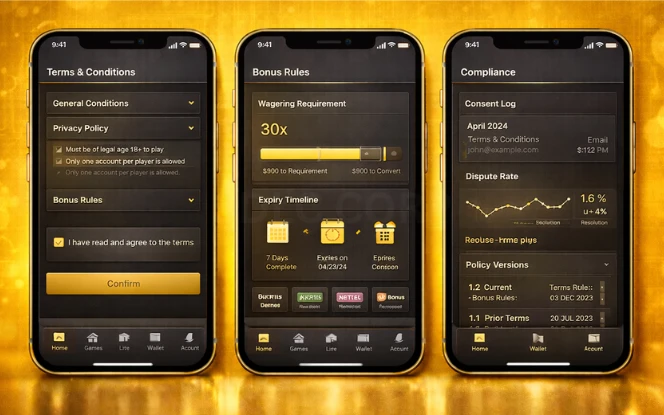 Casino terms interface with bonus rules and compliance version tracking