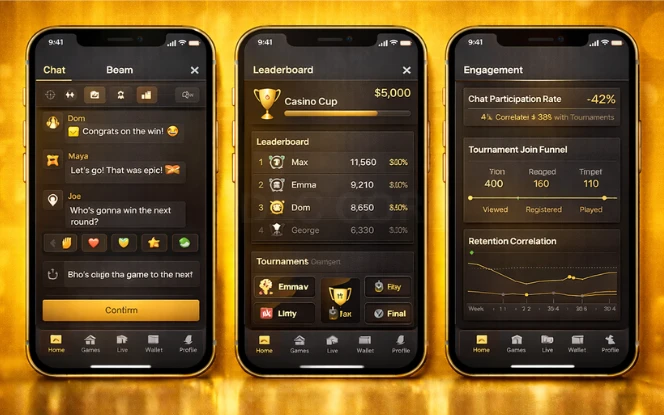 Casino chat rooms, leaderboards, tournaments, and engagement analytics