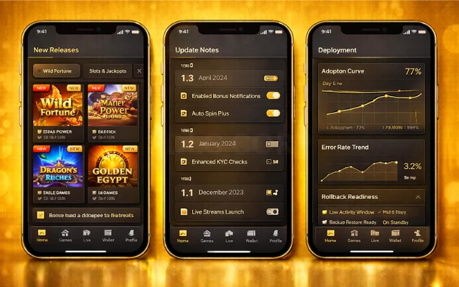 Casino game releases, update notes, and deployment analytics dashboard