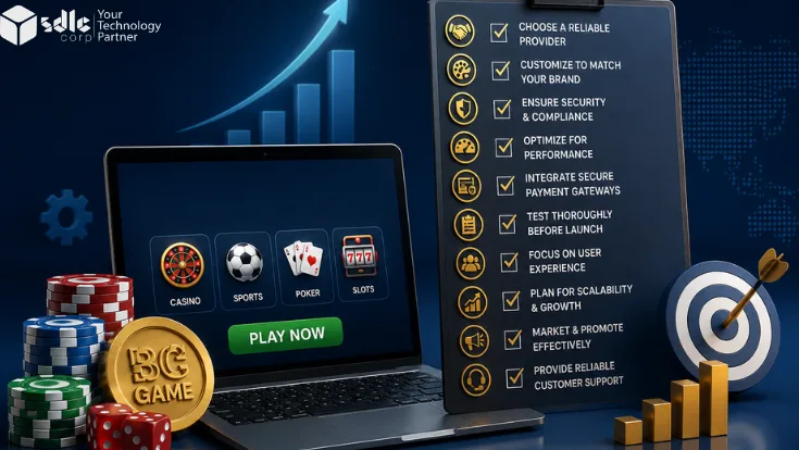 Professional 3D illustration of a white label BC Game casino platform with crypto payments, security, customization, and user experience features