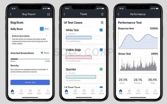 Testing and Quality Assurance Depiction of software testers and automated tools validating functionality, performance, and reliability to ensure product quality and error-free deployment