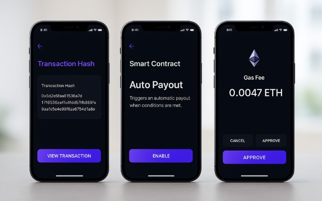 Diagram illustrating smart contract-based transactions with blockchain automation, decentralized agreements, and secure digital execution