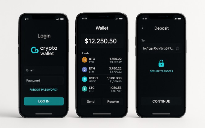 Graphic showing cryptocurrency wallet integration in a Web3 platform with wallet icons, secure transaction flow, and blockchain connectivity