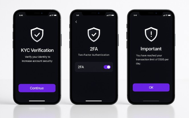 Graphic illustrating security protocols and compliance measures including encryption, KYC/AML procedures, data protection, and regulatory adherence for Web3 platforms