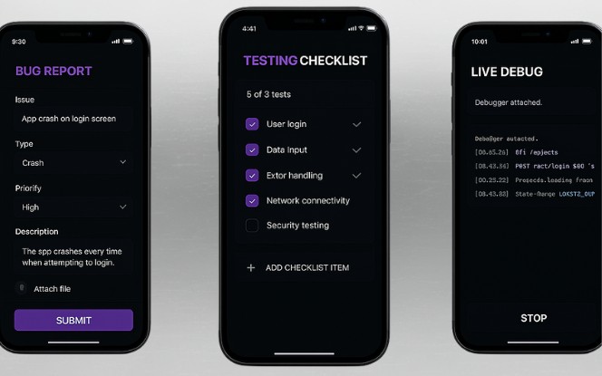 Illustration of testing and quality assurance process with bug tracking, test cases, automated scripts, and performance evaluation for gaming platforms