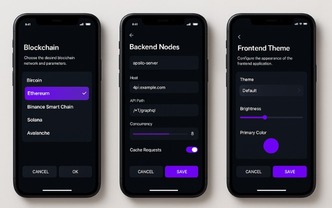 Illustration showing selection of the right tech stack with frontend and backend tools, blockchain frameworks, databases, and scalability considerations