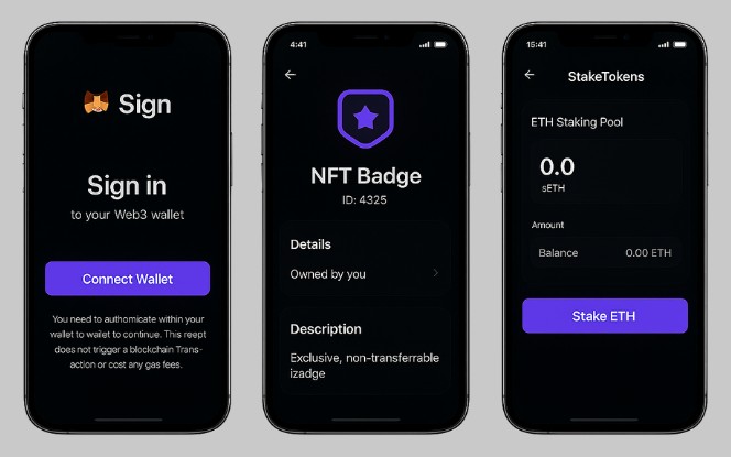 Illustration of Web3 technology integration with decentralized apps, blockchain networks, crypto wallets, and smart contract connectivity