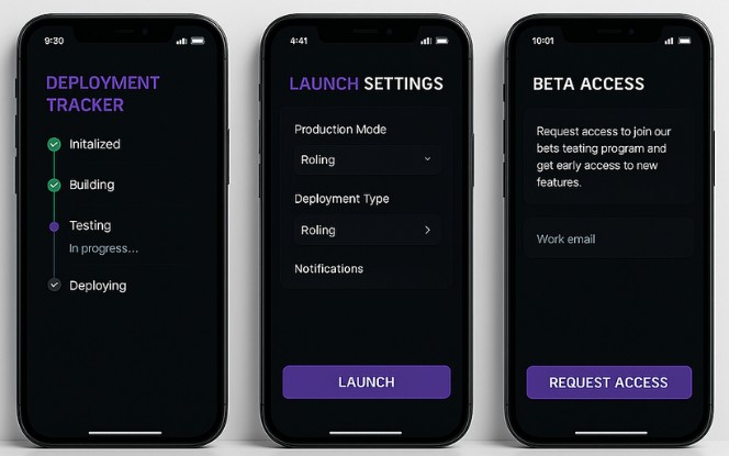 Graphic representing deployment and launch process with server setup, final testing, platform rollout, and live monitoring for a gaming application