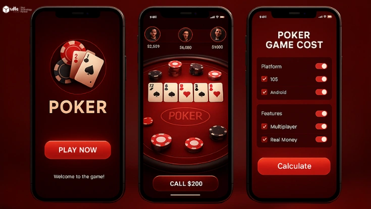 Poker game app welcome screen, live in-game poker table, and cost calculator UI displayed on three smartphones over red background