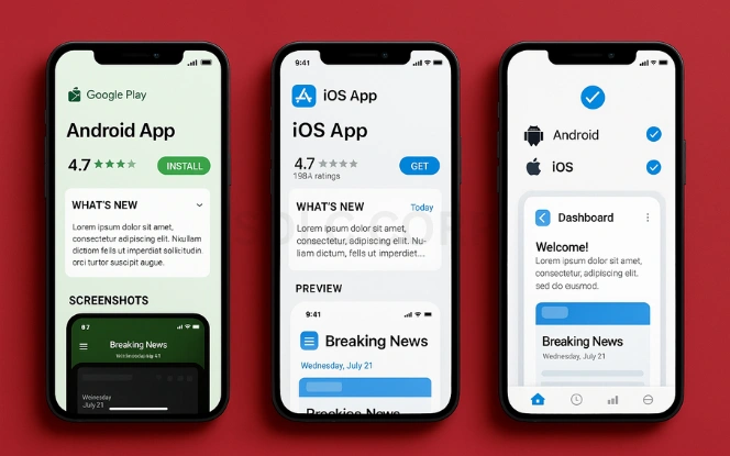 Three mobile screens showing poker app platform selection interfaces for Android, iOS, and cross-platform Flutter, aligned side by side on a red background