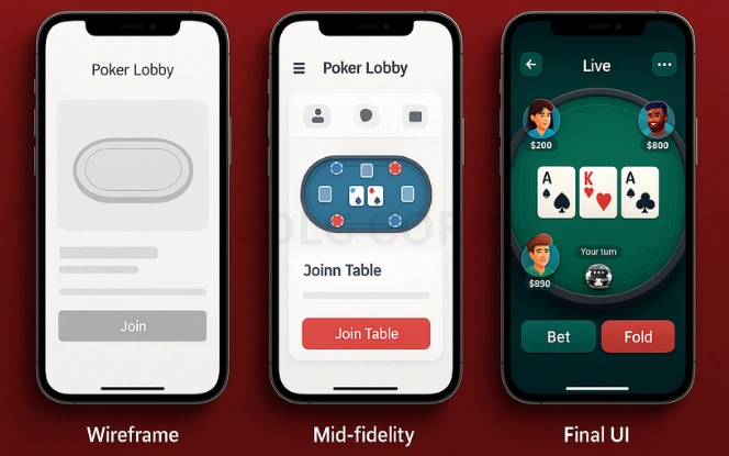 Three mobile screens showing the evolution of poker app UI design: grayscale wireframe, mid-level colorful layout, and final animated version with avatars and gradients, set against a red background