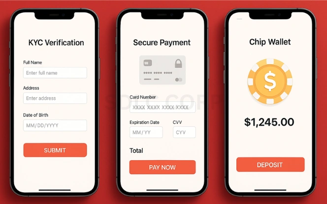 Three mobile screens displaying poker app real-money features: KYC verification form, secure payment gateway with Stripe and PayPal, and a chip wallet interface showing real-money balance, on a red background
