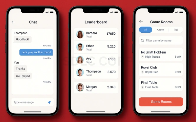 Three mobile screens showcasing poker app core features: in-game chat window, leaderboard with player avatars and winnings, and a game room list with filters, all in light UI against a red background