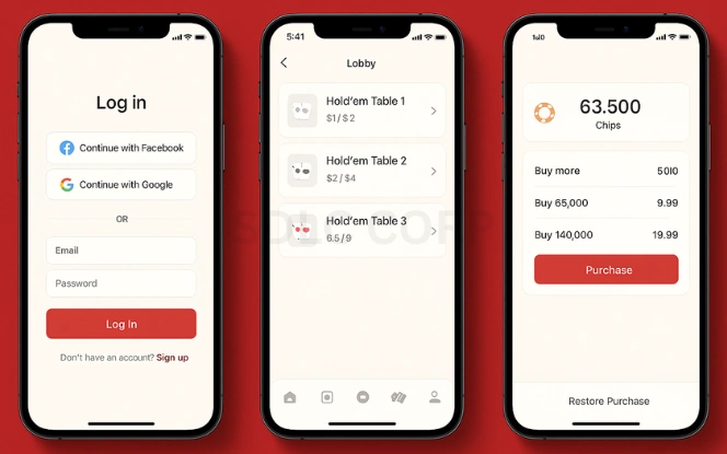 Three mobile screens showing poker game app features and cost layout: user login screen, live poker lobby with table listings, and virtual wallet interface with chip balance and purchase options, on a red background