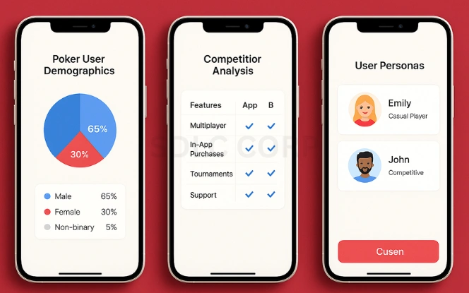 Three mobile screens displaying poker app market research tools: user demographics pie chart, competitor comparison table, and user persona cards, all with light-themed UI on a red background
