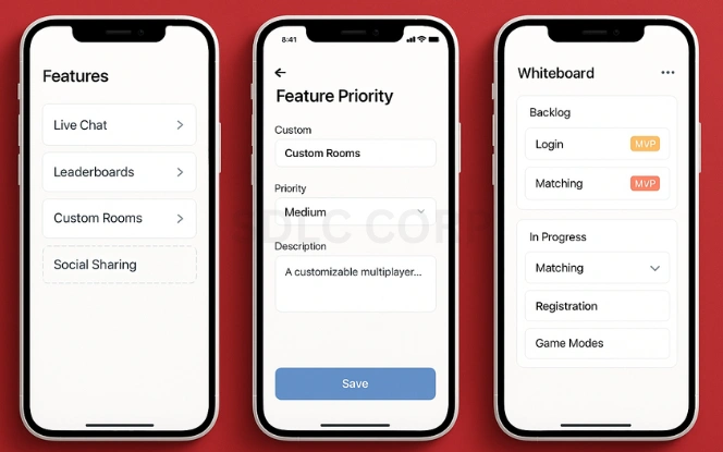 Three mobile screens showing poker app feature planning views: drag-and-drop feature cards, priority settings with dropdowns, and a whiteboard-style MVP planning screen, all in a clean light UI against a red background